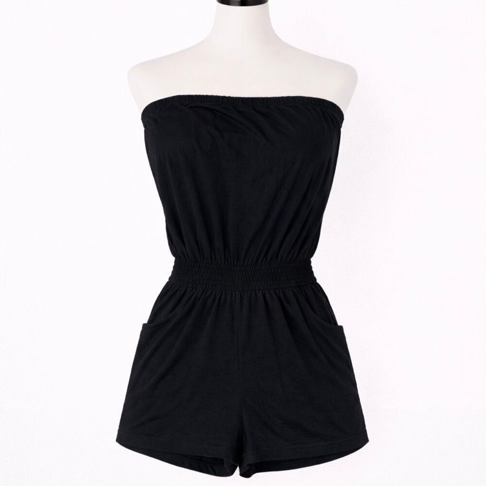 Black Strapless Romper | Elastic Waist Playsuit | Feathers | Size M